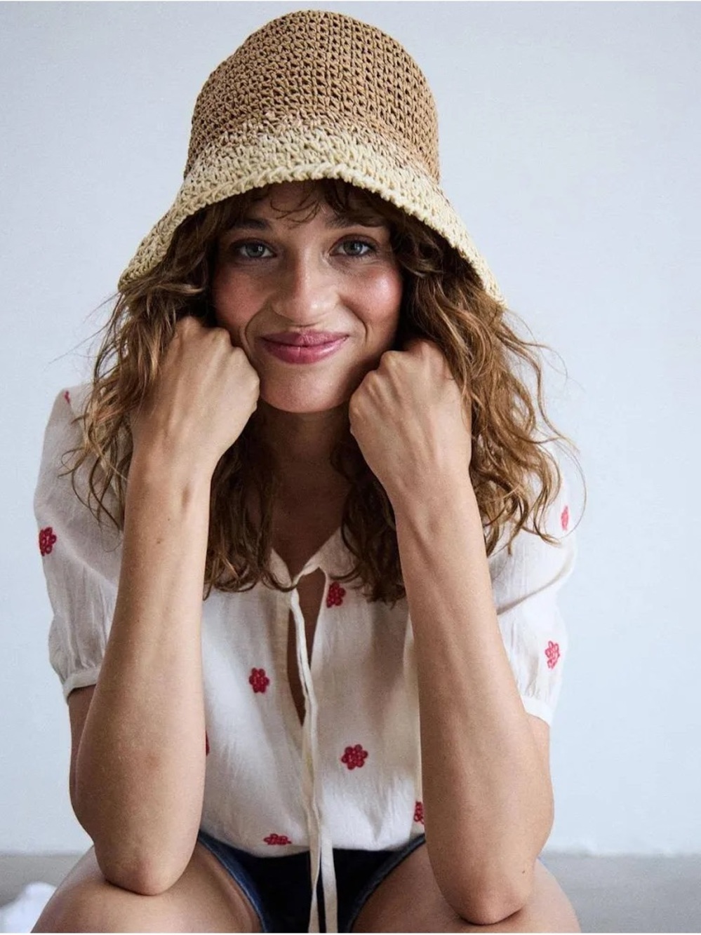 ICHI Two-Tone Crochet Straw Accent Basket Hat — Brown & Cream - Picture 6 of 6